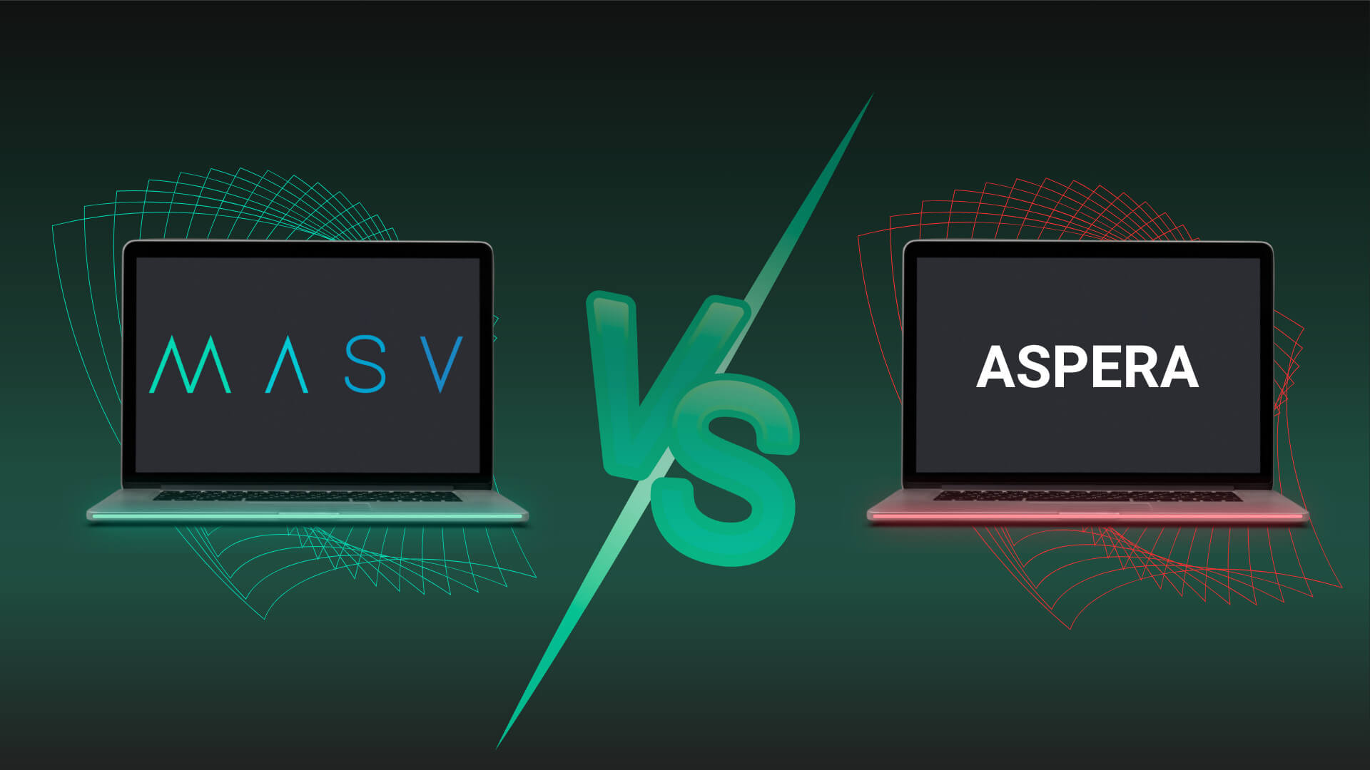 MASV versus Aspera : comparaison de blogs alternatifs présentant deux ordinateurs portables avec des logos de logiciels.
