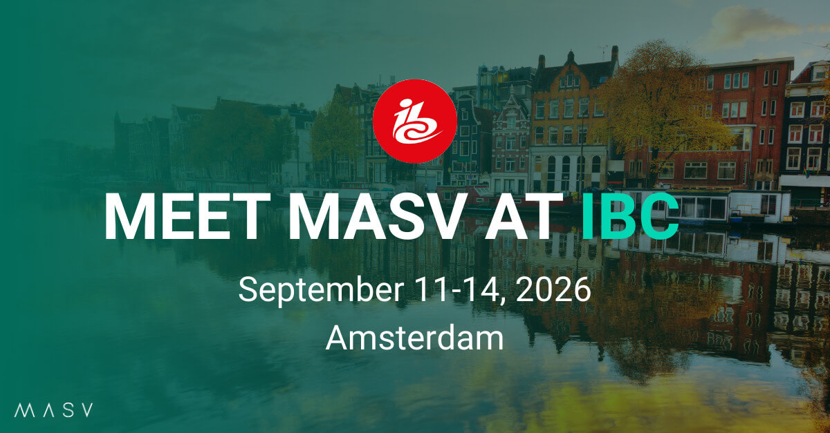 Rencontrez MASV lors de l'événement IBC à Amsterdam, du 11 au 14 septembre 2026. Événement de transfert d'actifs médiatiques.