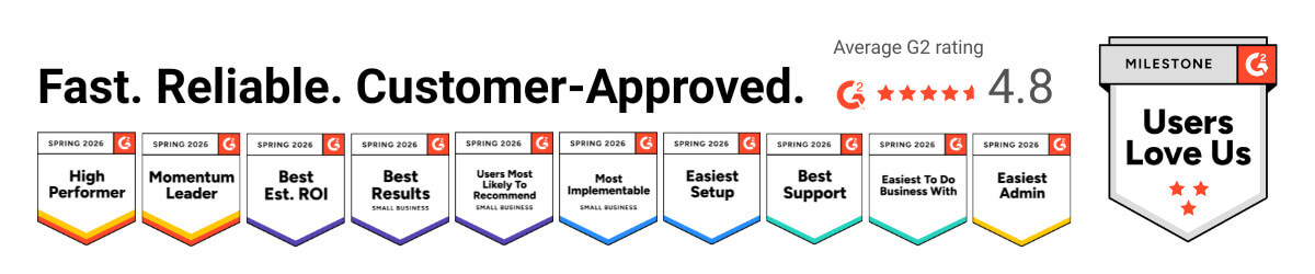 G2 Badges: High Performer, Momentum Leader, Users Love Us G2 Badges: Fast, Reliable, Customer-Approved - High Performer, Momentum Leader, Best ROI, Users Love Us. Average G2 rating 4.8