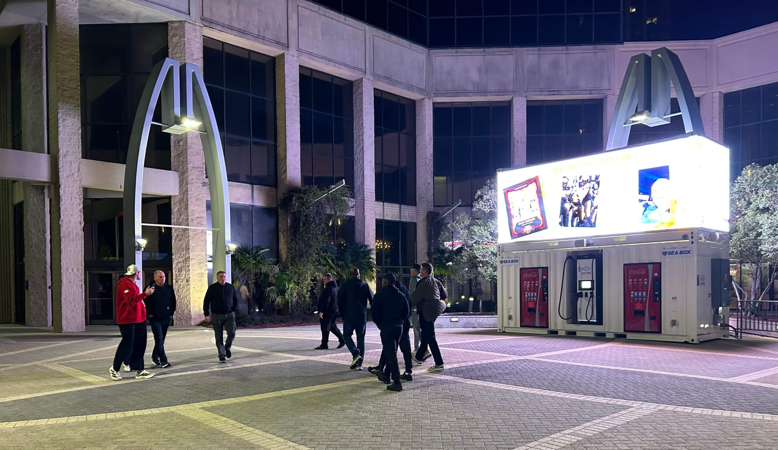 Senior Bowl 2026: Remote post-production setup for PanCam pictures. SEA BOX unit with displays and vending machines.