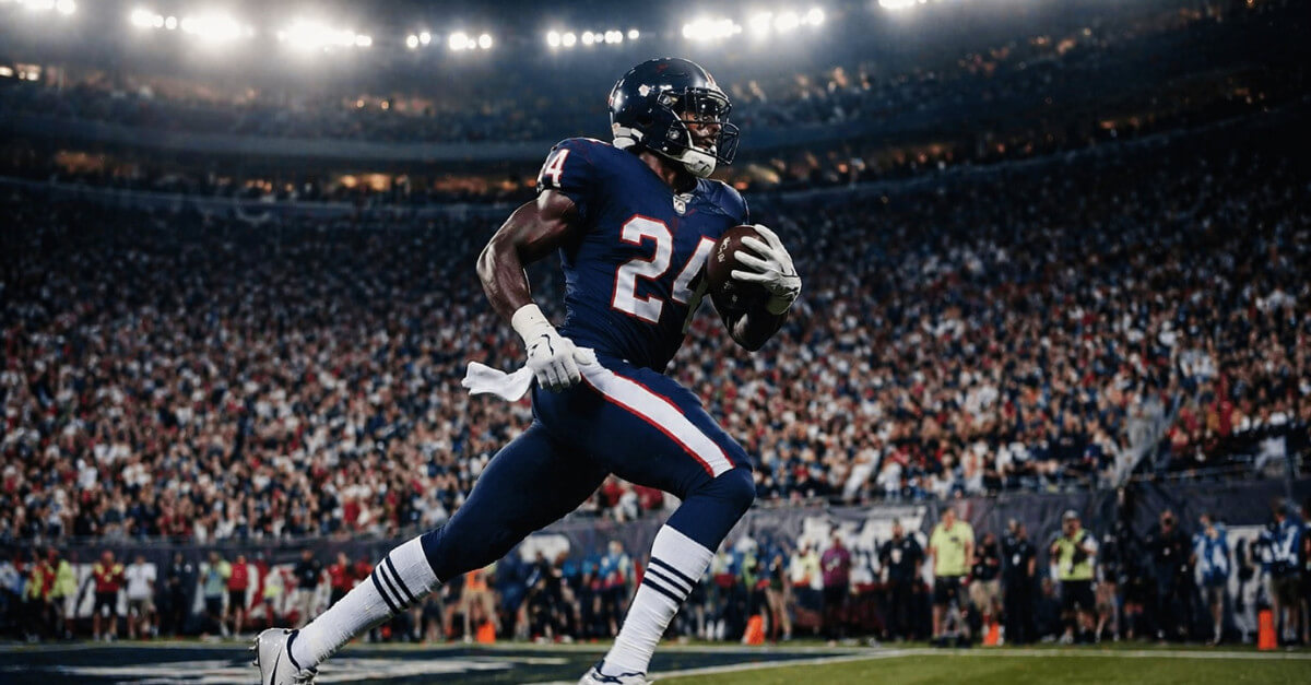 Joueur de football #24 courant avec le ballon. L'analyse sportive peut aider à analyser les jeux pour prendre des décisions gagnantes.