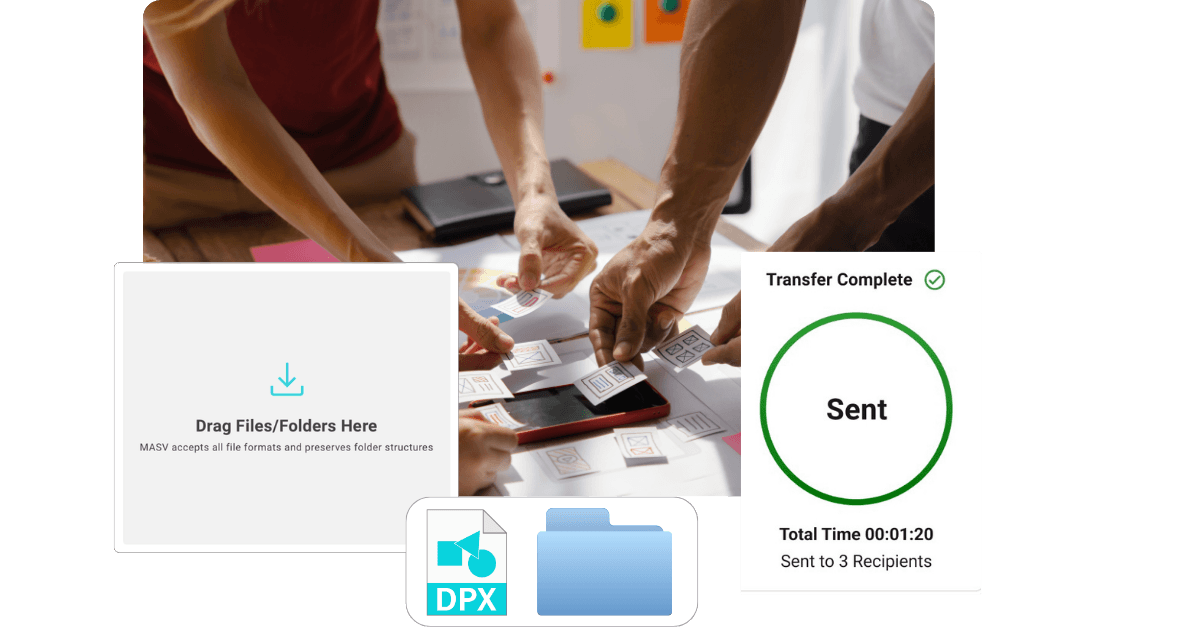Creative agency team collaborating on file transfer solutions. MASV file transfer is complete.