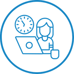 Freelance creative agency worker at laptop with clock, outline icon.