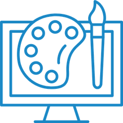 Graphic design icon: Paint palette and brush on computer screen. Creative agency services.