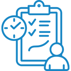 Creative agency project management icon: clipboard, clock, and figure showing time and task management.