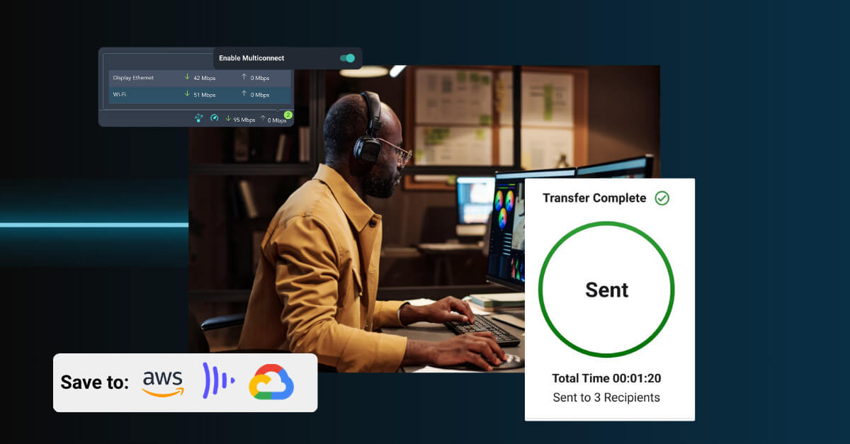 Person wearing headphones types at a computer; transfer complete graphic and cloud service branding shown.
