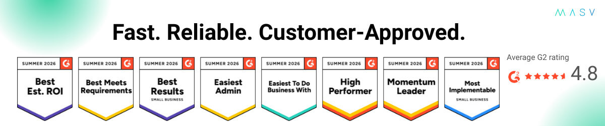 MASV Summer 2026 Badges MASV badges for Summer 2026 include Best Est. ROI, Best Meets Requirements, Best Results, Easiest Admin, High Performer, and Momentum Leader with a G2 rating of 4.8.